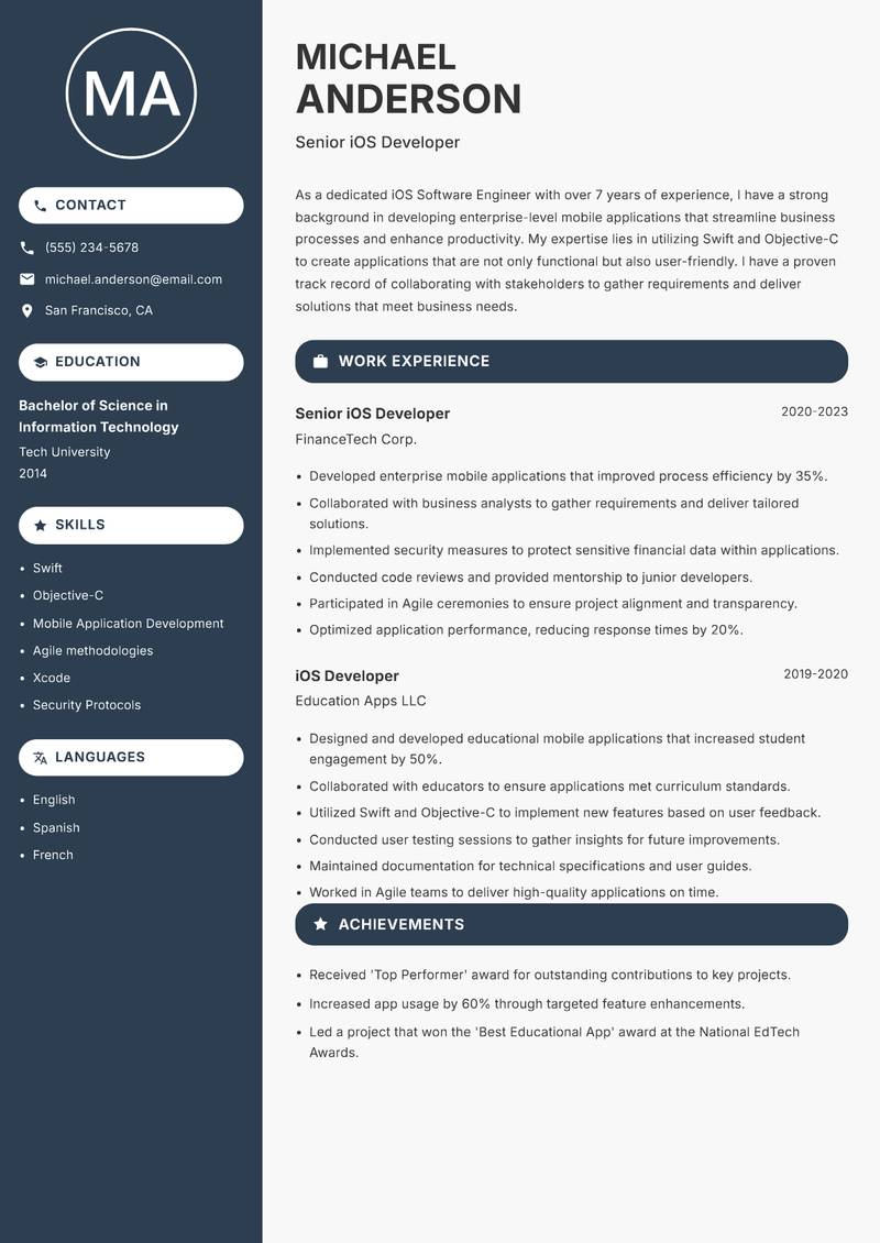 iOS Software Engineer resume template — Compact