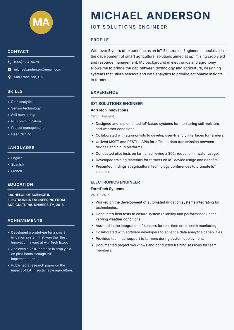 IoT Electronics Engineer resume template — Classic Clean