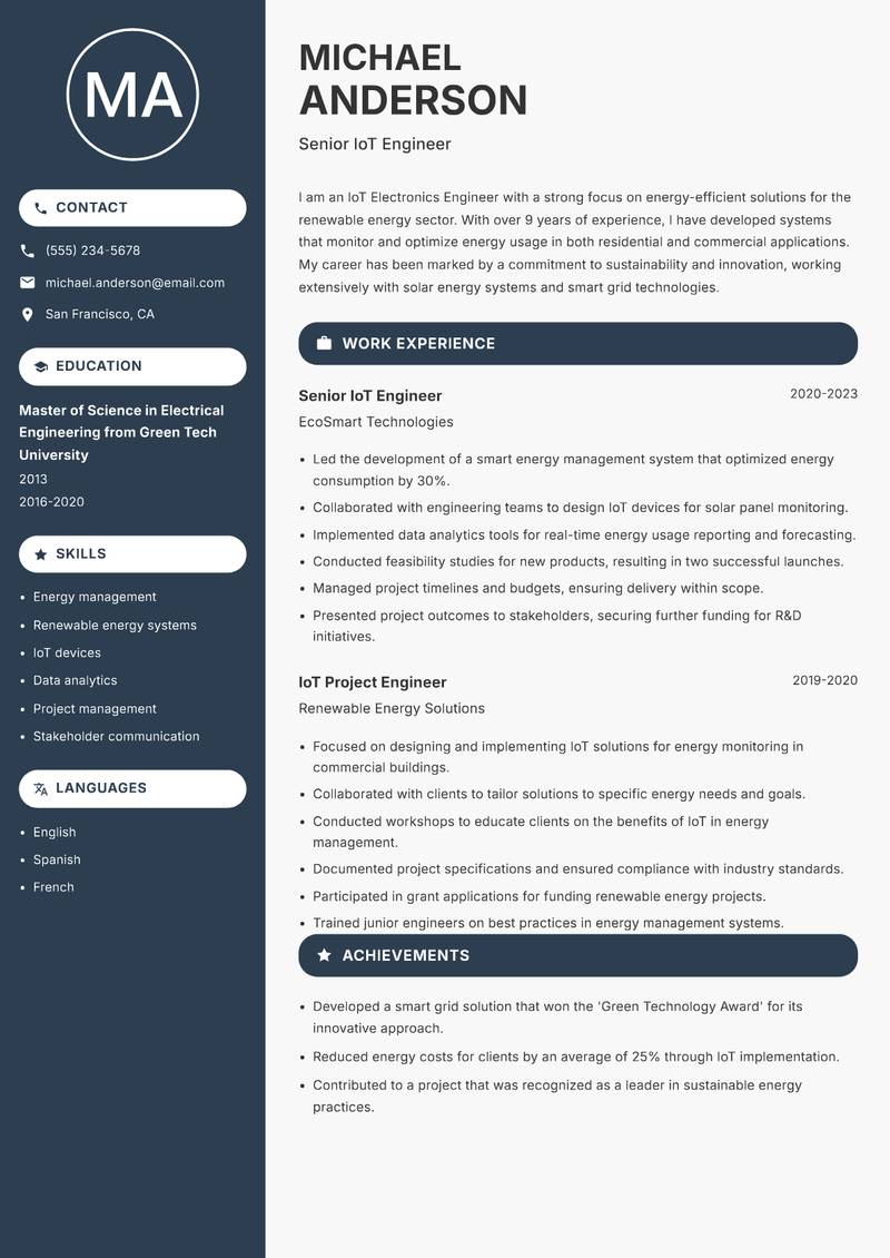 IoT Electronics Engineer resume template — Compact