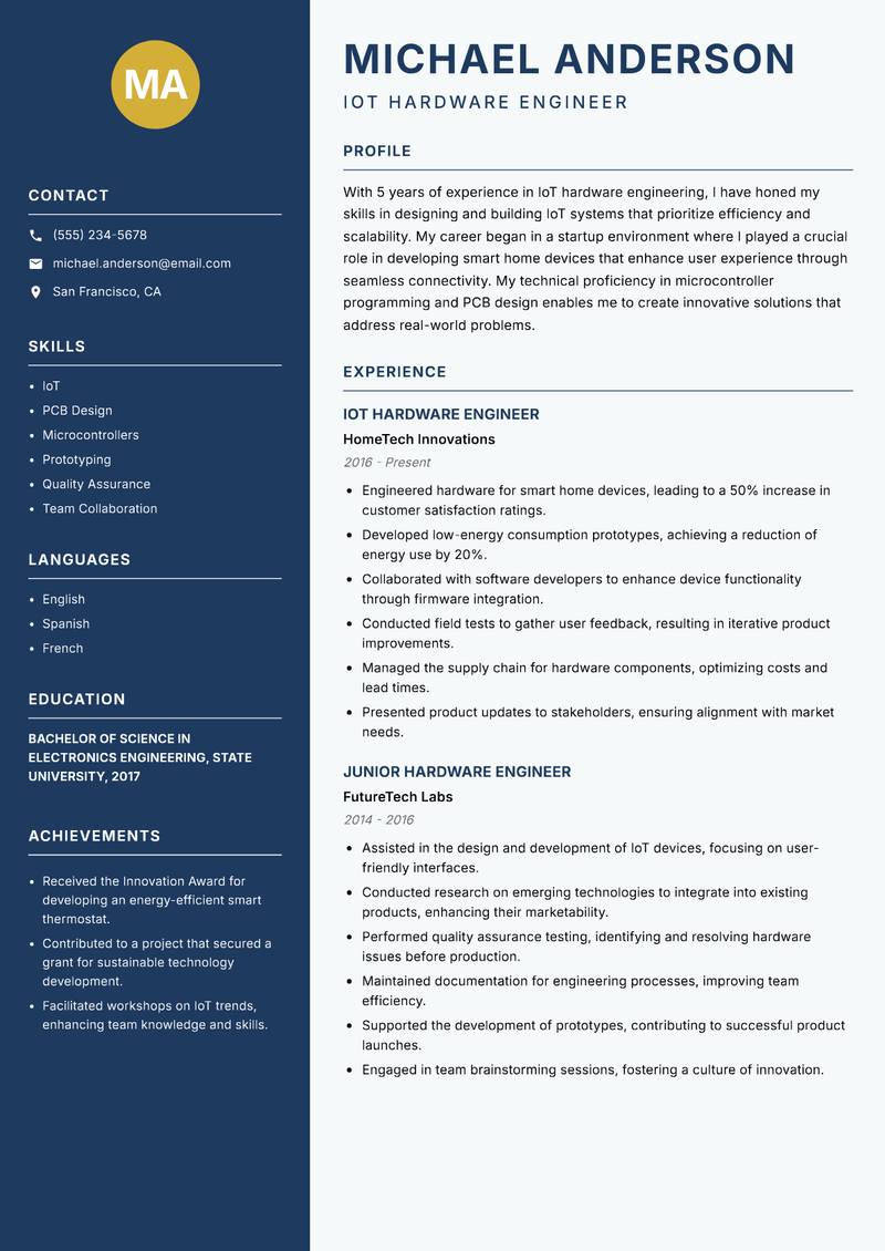 IoT Hardware Engineer resume template — Classic Clean