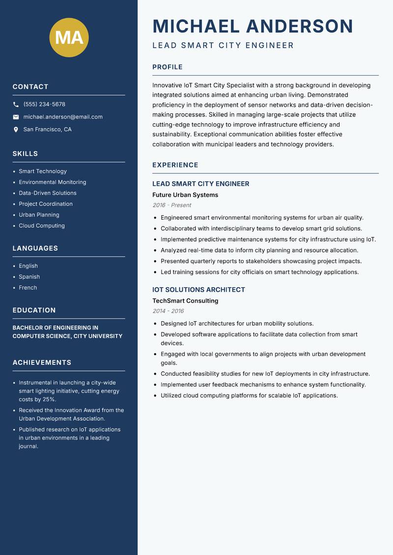 IoT Smart City Specialist resume template — Classic Clean