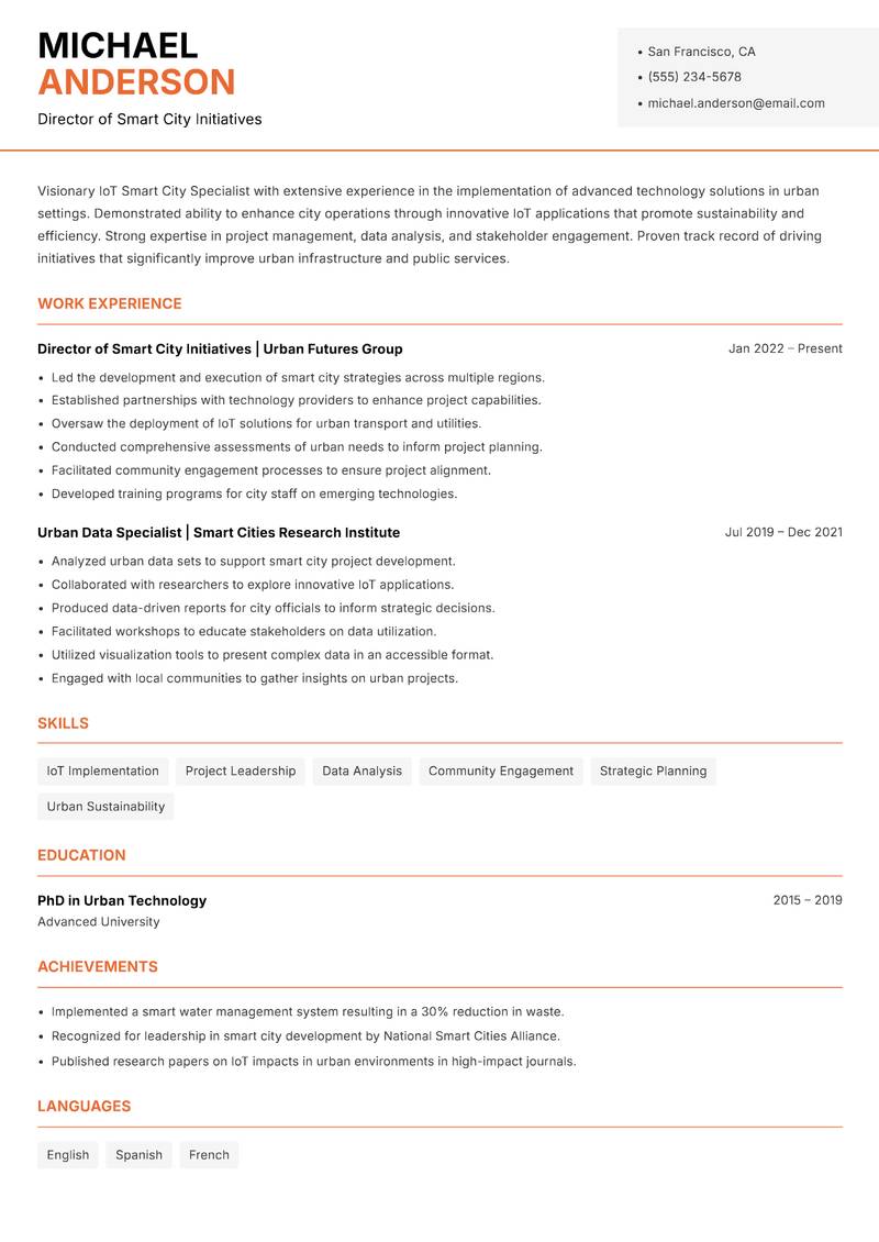 IoT Smart City Specialist resume template — Modern Professional