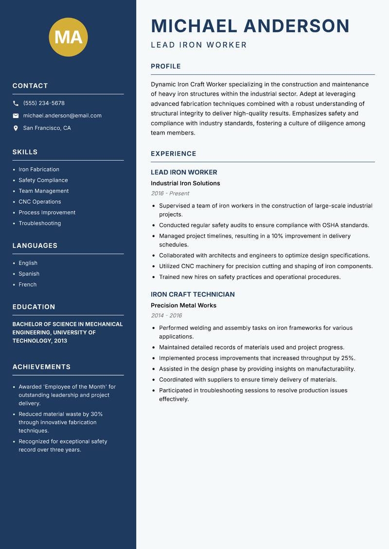 Iron Craft Worker resume template — Classic Clean
