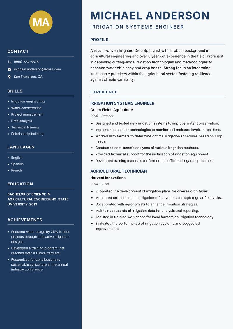 Irrigated Crop Specialist resume template — Classic Clean