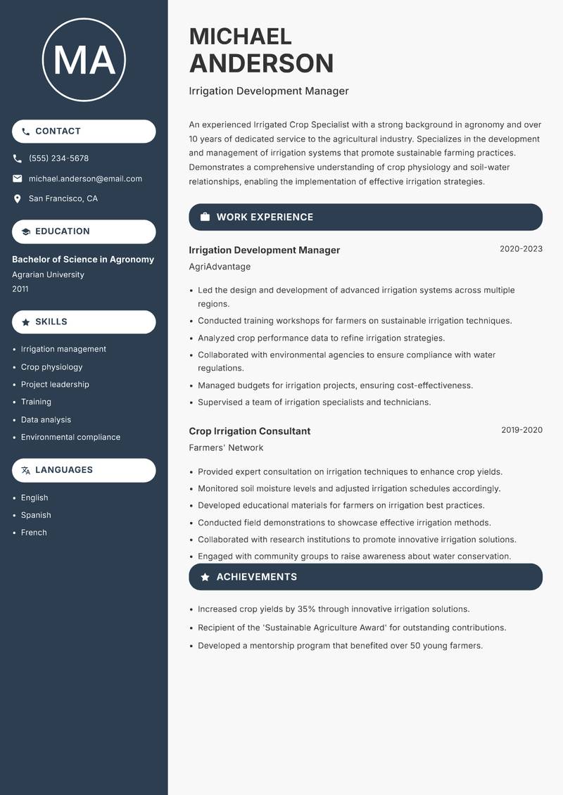 Irrigated Crop Specialist resume template — Compact