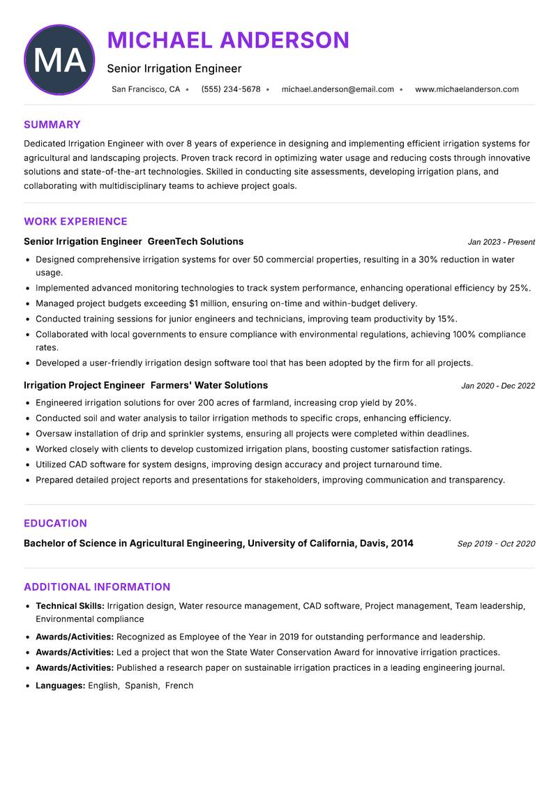 Irrigation Engineer resume example — ATS-friendly template