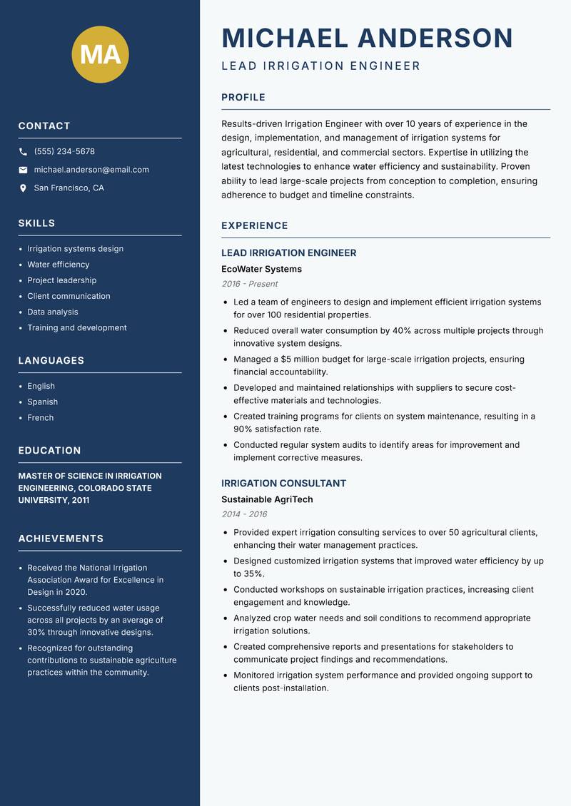 Irrigation Engineer resume template — Classic Clean