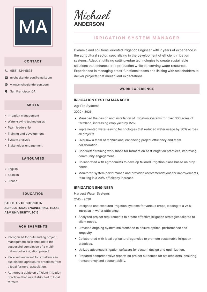 Irrigation Engineer resume template — Executive