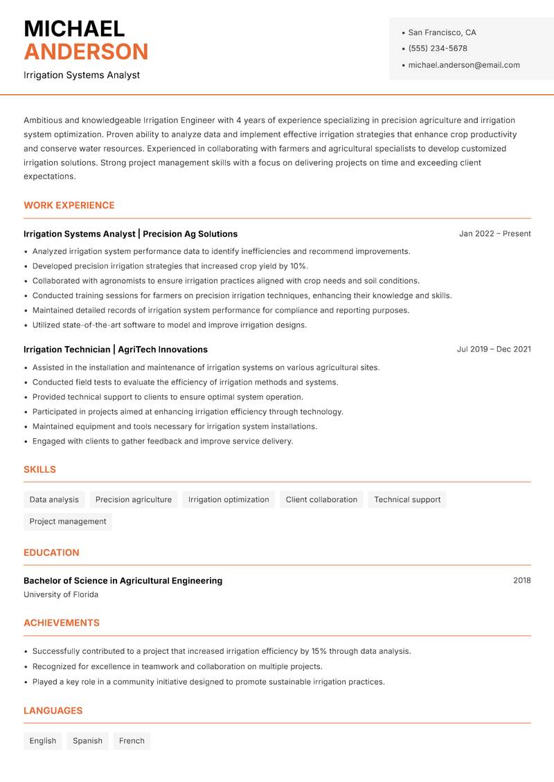 Irrigation Engineer resume template — Modern Professional