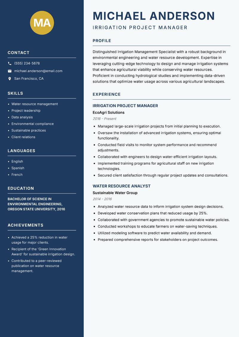 Irrigation Management Specialist resume template — Classic Clean