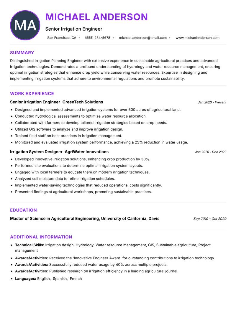 Irrigation Planning Engineer resume example — ATS-friendly template