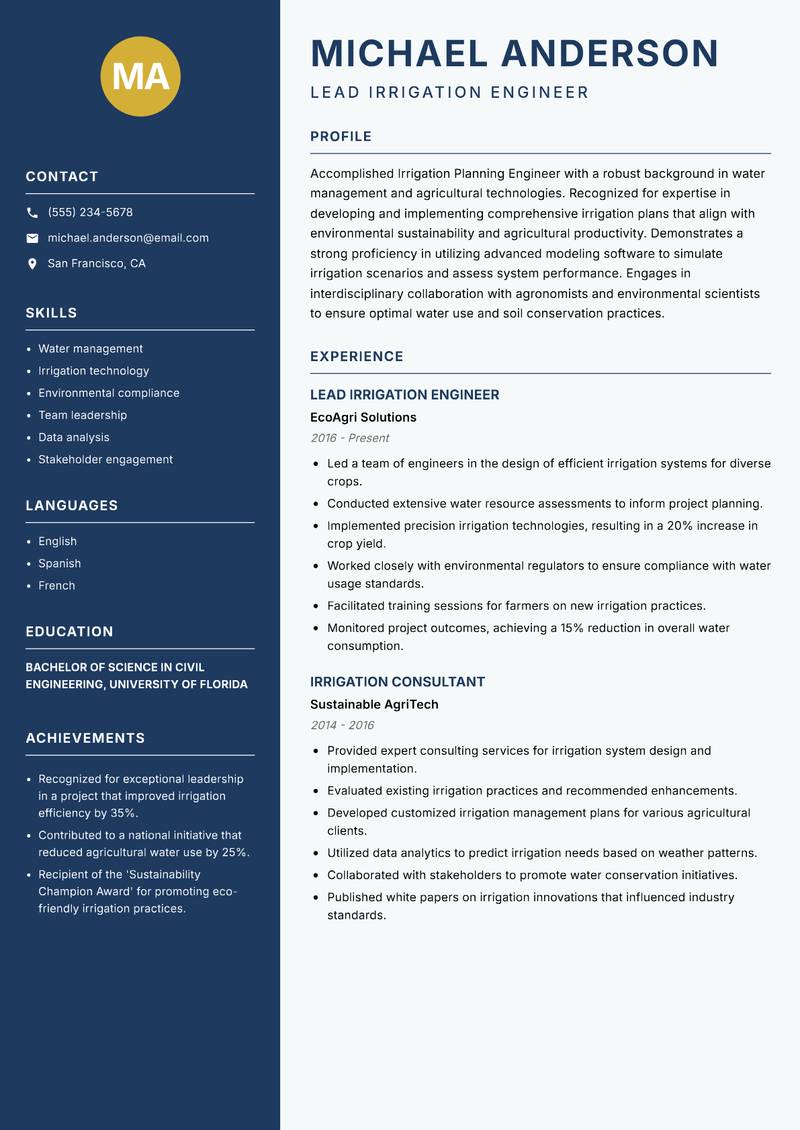 Irrigation Planning Engineer resume template — Classic Clean