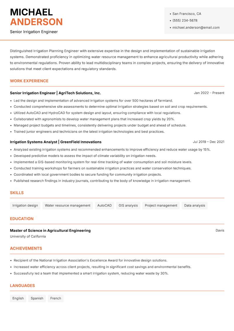Irrigation Planning Engineer resume template — Modern Professional