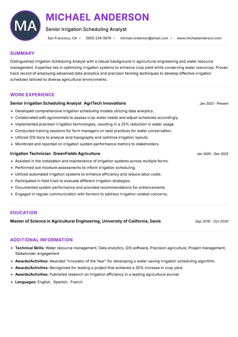 Irrigation Scheduling Analyst resume example — ATS-friendly template