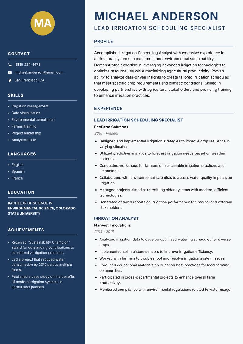 Irrigation Scheduling Analyst resume template — Classic Clean