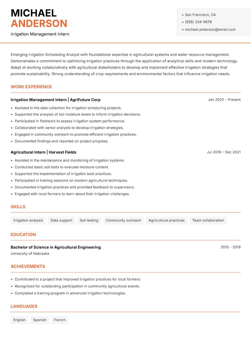 Irrigation Scheduling Analyst resume template — Modern Professional