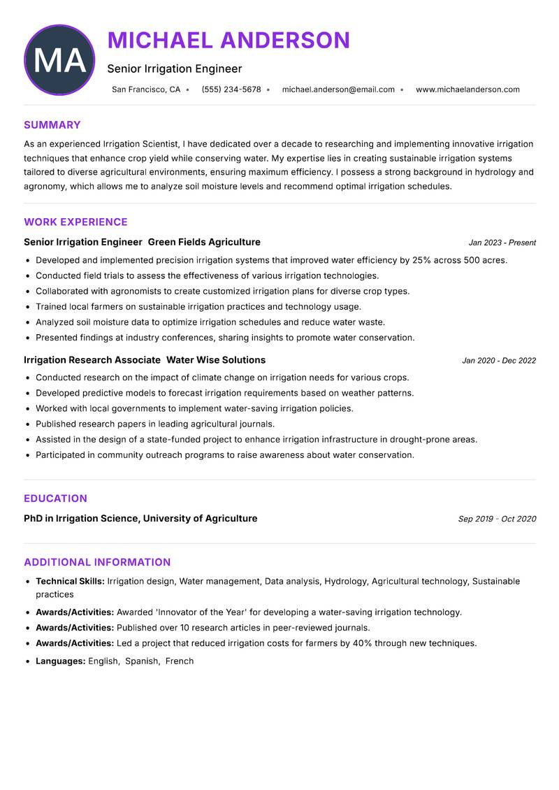 Irrigation Scientist resume example — ATS-friendly template