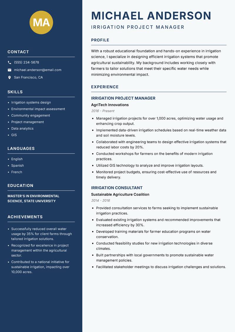 Irrigation Scientist resume template — Classic Clean