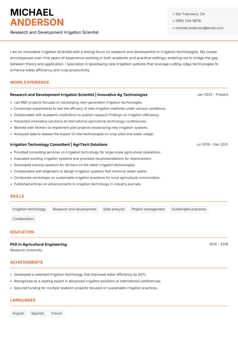 Irrigation Scientist resume template — Modern Professional