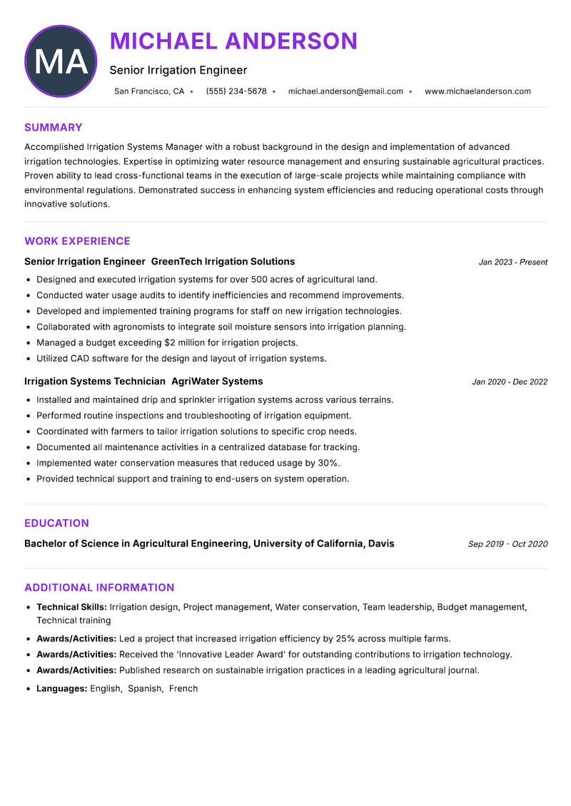 Irrigation Systems Manager resume example — ATS-friendly template