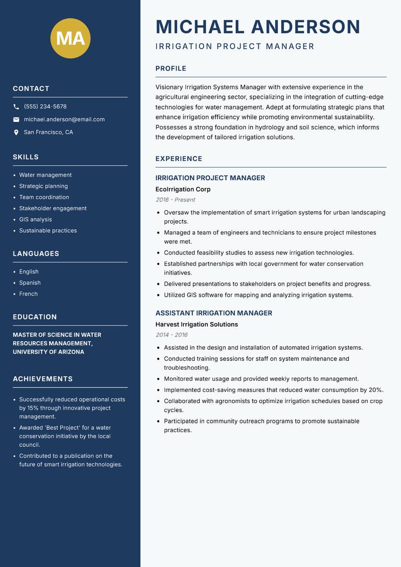 Irrigation Systems Manager resume template — Classic Clean