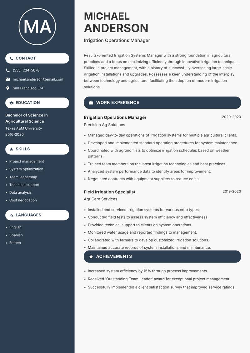 Irrigation Systems Manager resume template — Compact