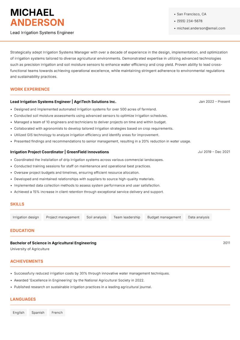 Irrigation Systems Manager resume template — Modern Professional