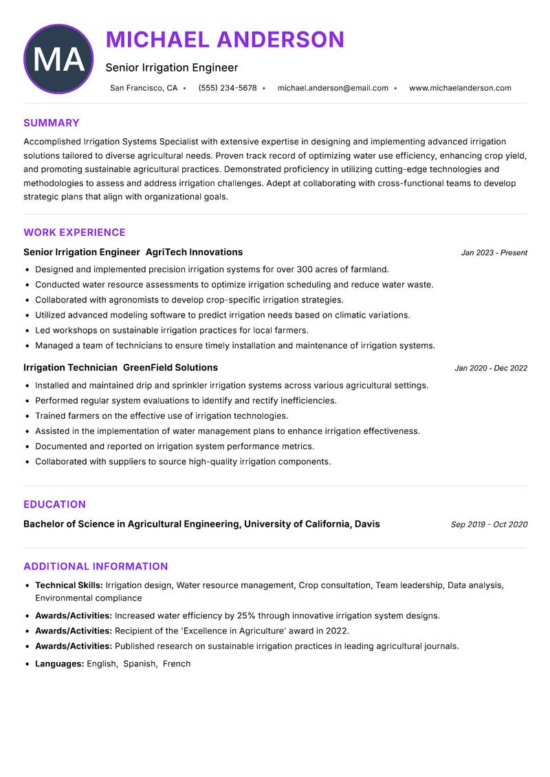 Irrigation Systems Specialist resume example — ATS-friendly template