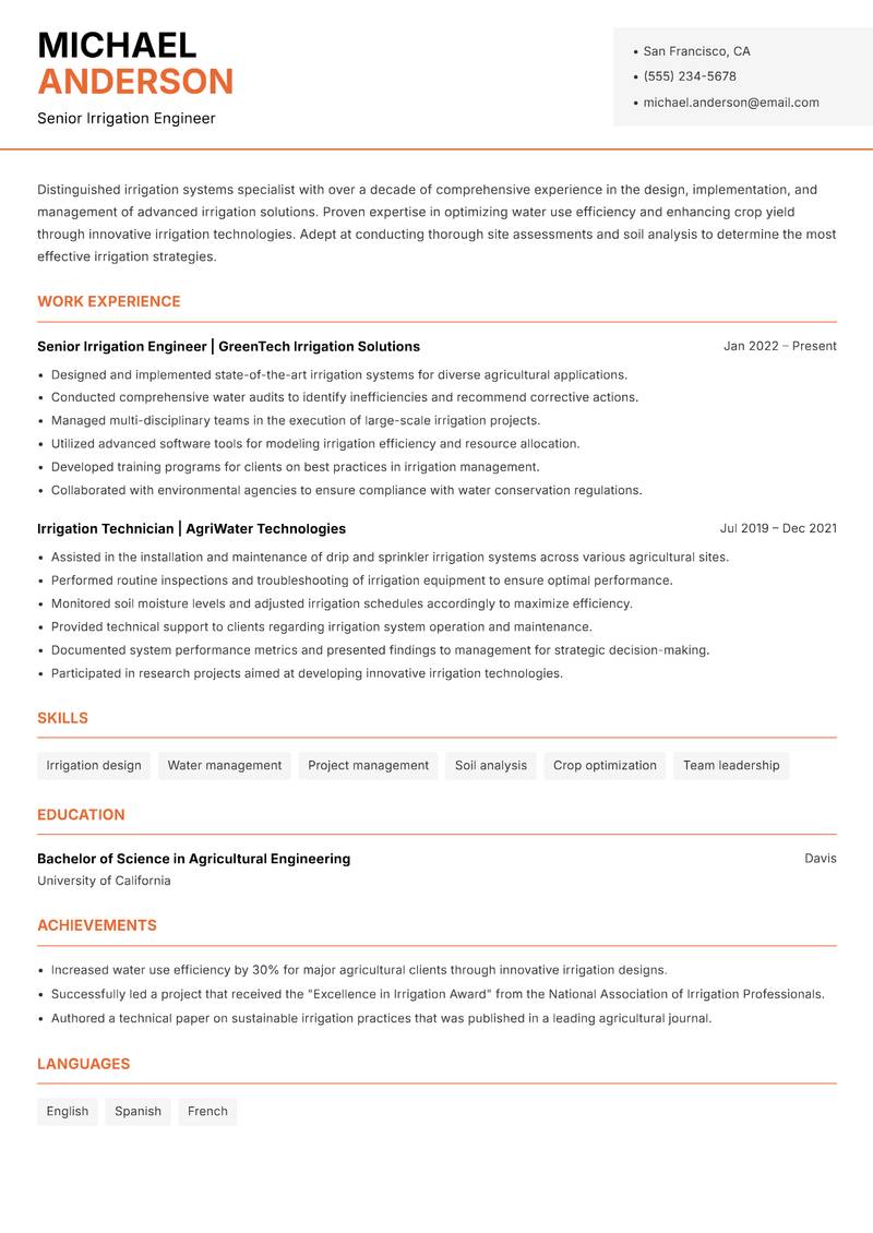 Irrigation Systems Specialist resume template — Modern Professional