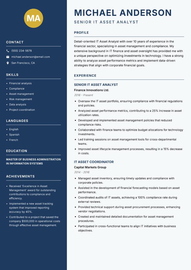 IT Asset Analyst resume template — Classic Clean