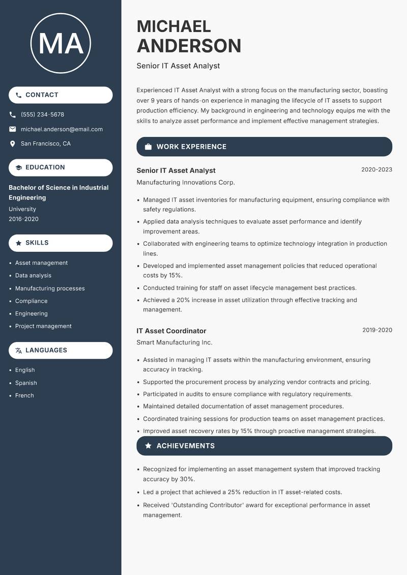 IT Asset Analyst resume template — Compact