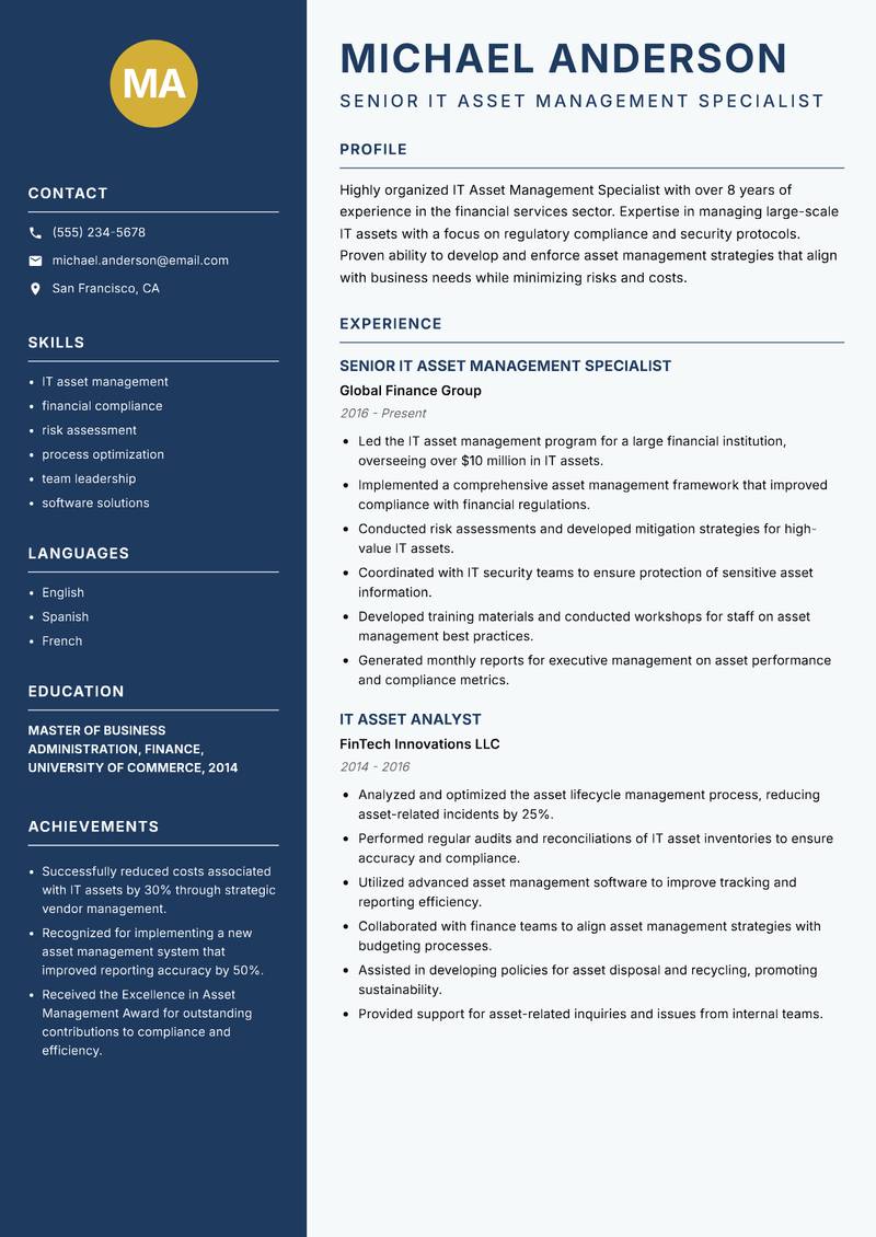 IT Asset Management Specialist resume template — Classic Clean