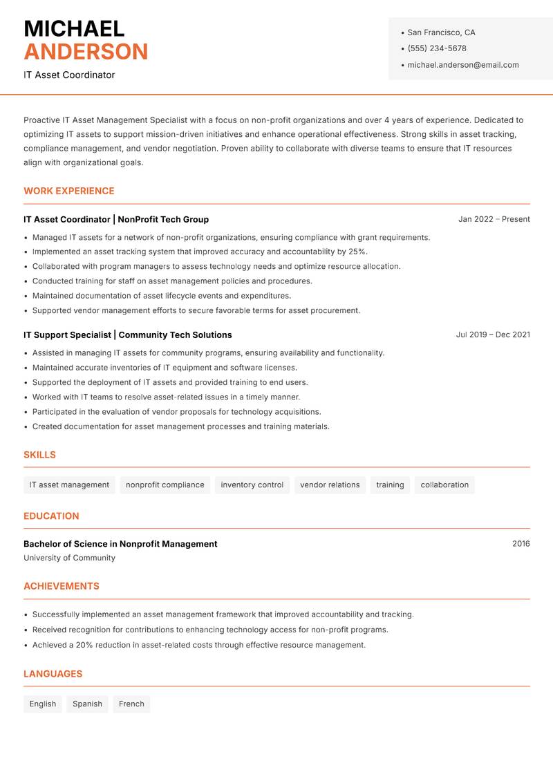 IT Asset Management Specialist resume template — Modern Professional