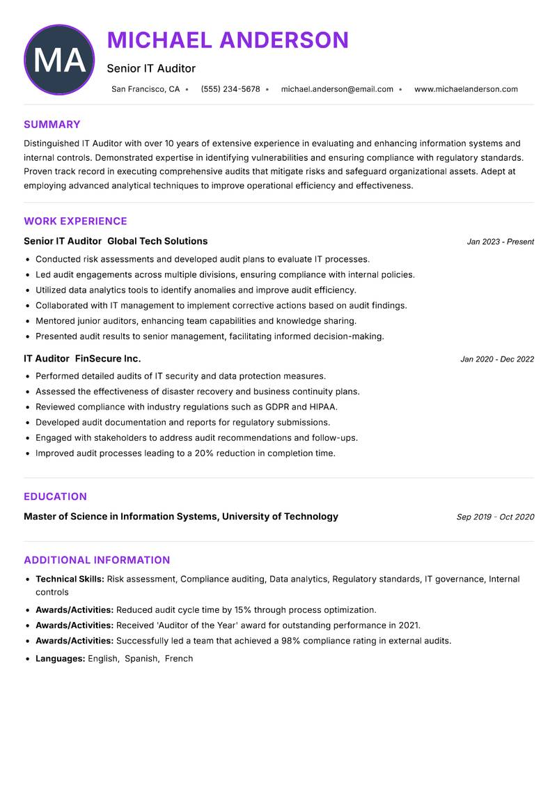 IT Auditor resume example — ATS-friendly template