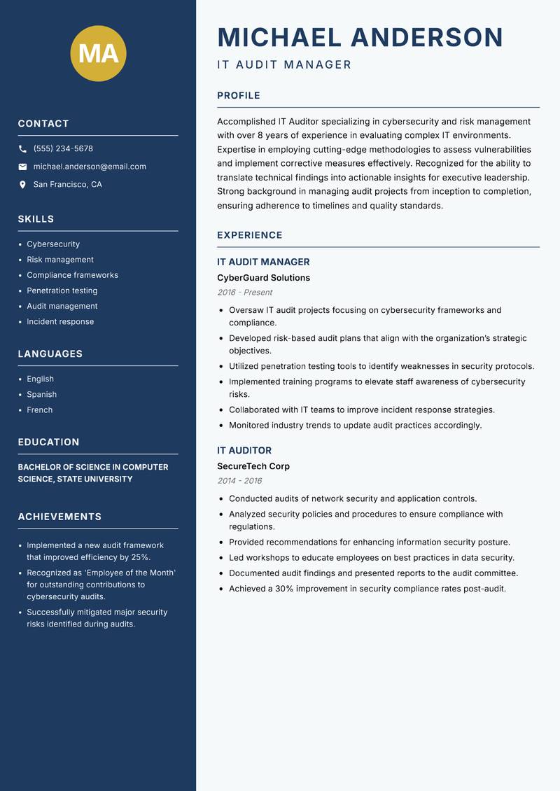 IT Auditor resume template — Classic Clean