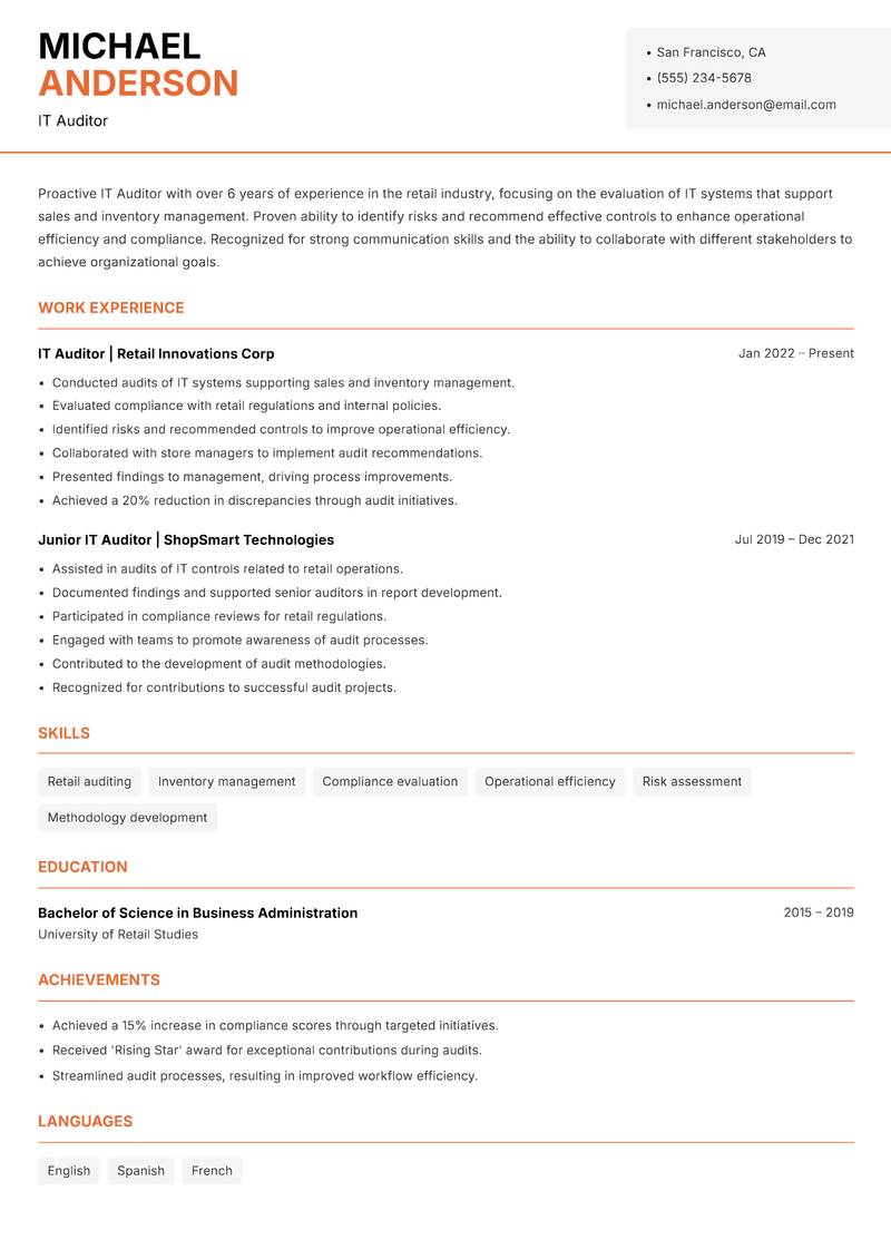 IT Auditor resume template — Modern Professional