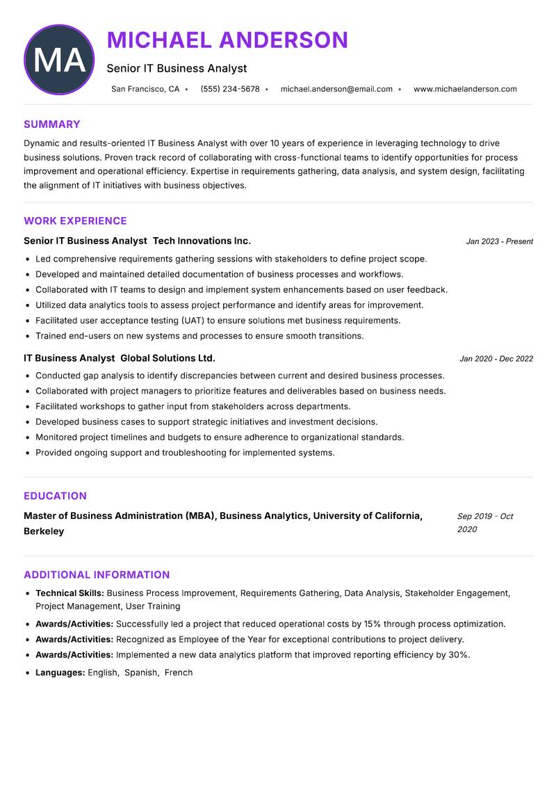 IT Business Analyst resume example — ATS-friendly template