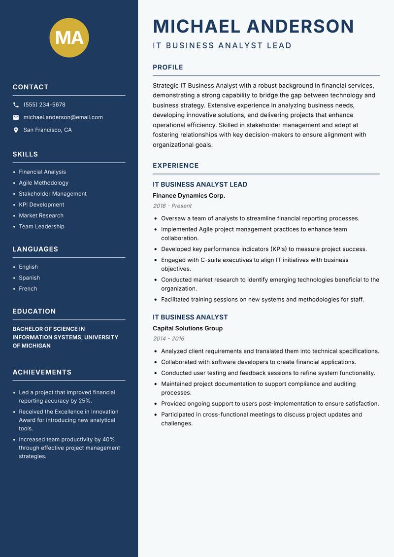 IT Business Analyst resume template — Classic Clean