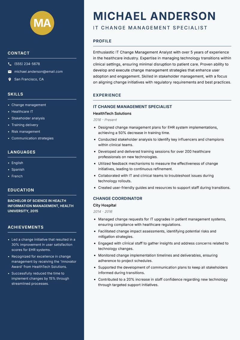 IT Change Management Analyst resume template — Classic Clean