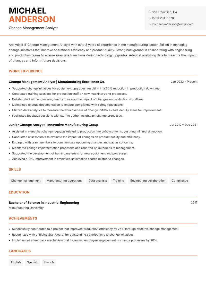 IT Change Management Analyst resume template — Modern Professional