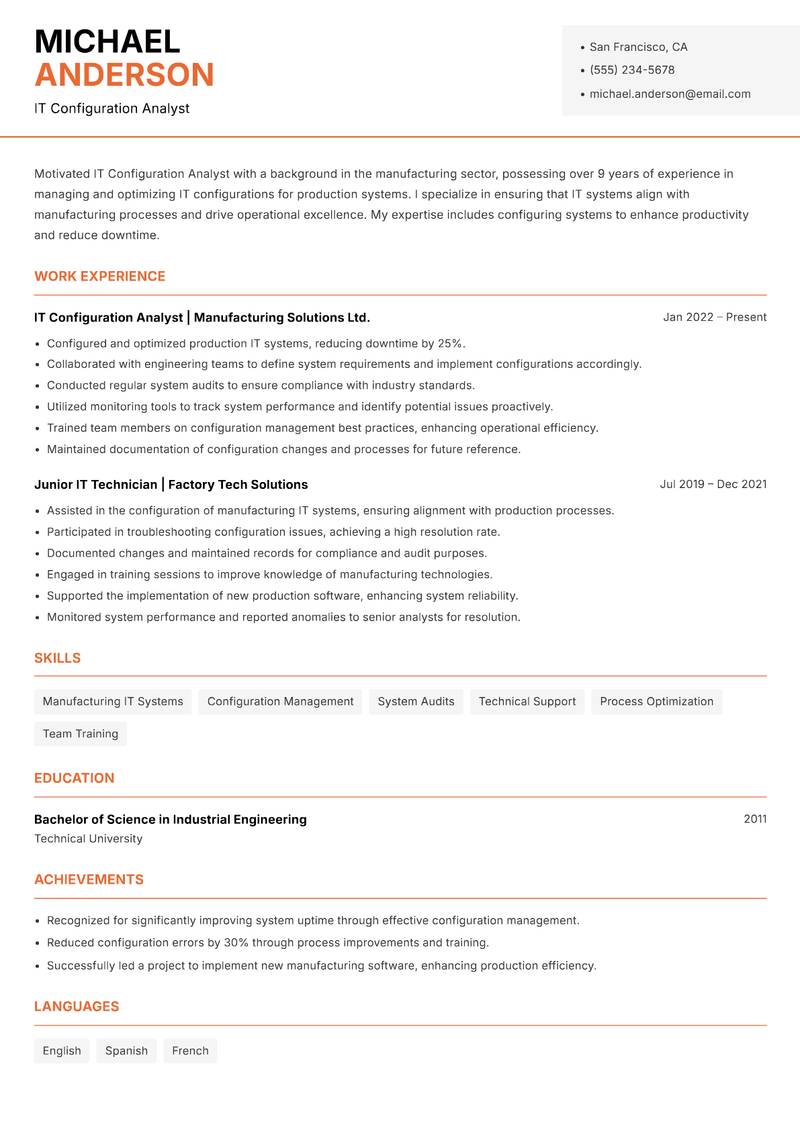 IT Configuration Analyst resume template — Modern Professional