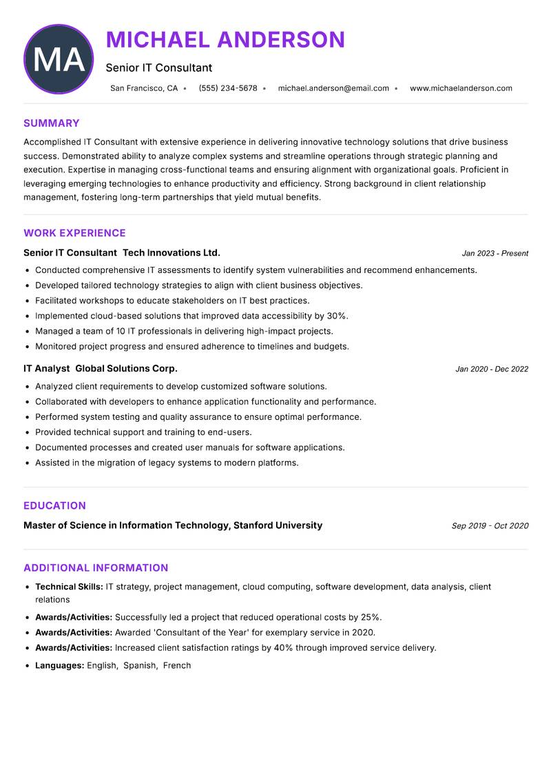 IT Consultant resume example — ATS-friendly template