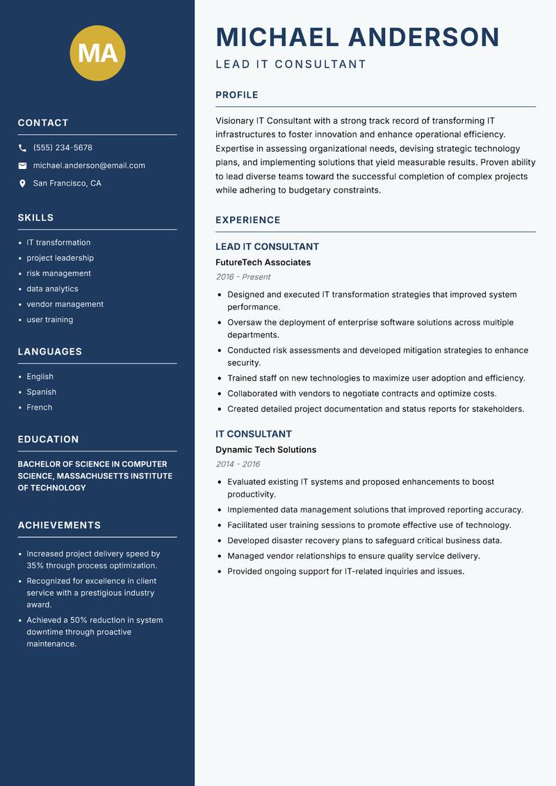 IT Consultant resume template — Classic Clean