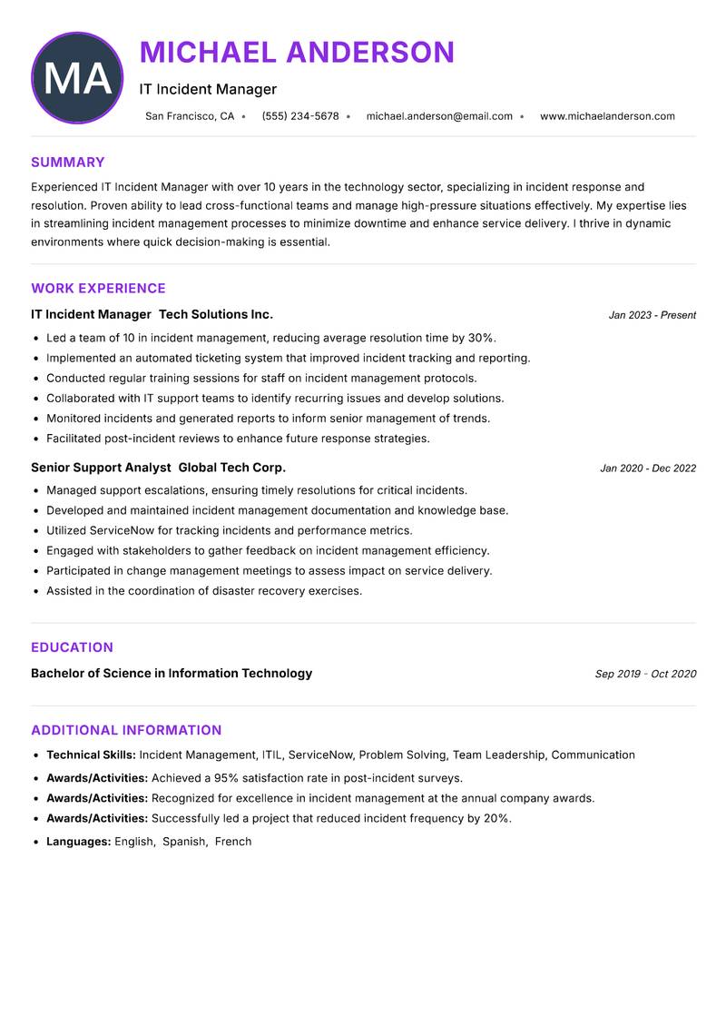 IT Incident Manager resume example — ATS-friendly template