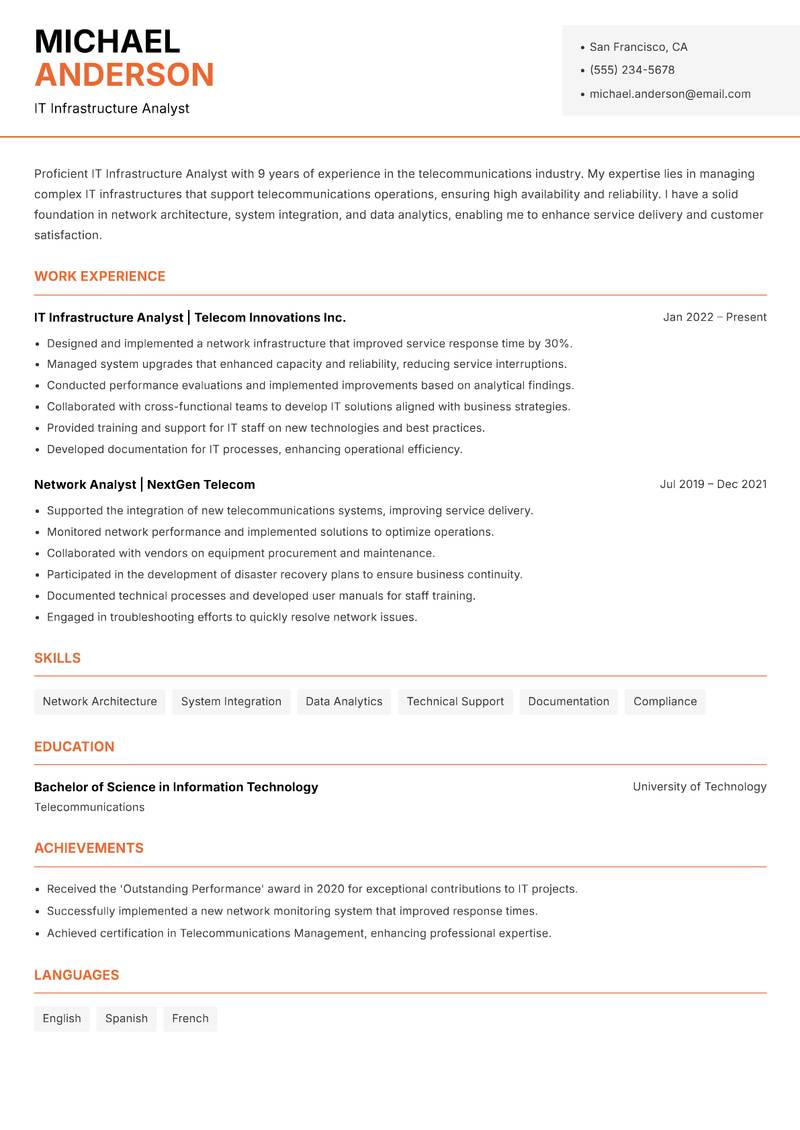 IT Infrastructure Analyst resume template — Modern Professional