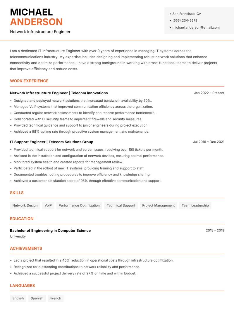 IT Infrastructure Engineer resume template — Modern Professional