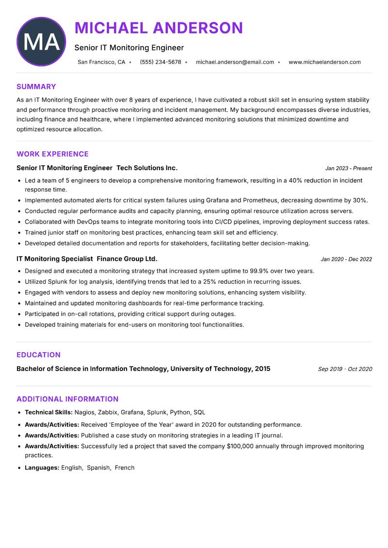 IT Monitoring Engineer resume example — ATS-friendly template