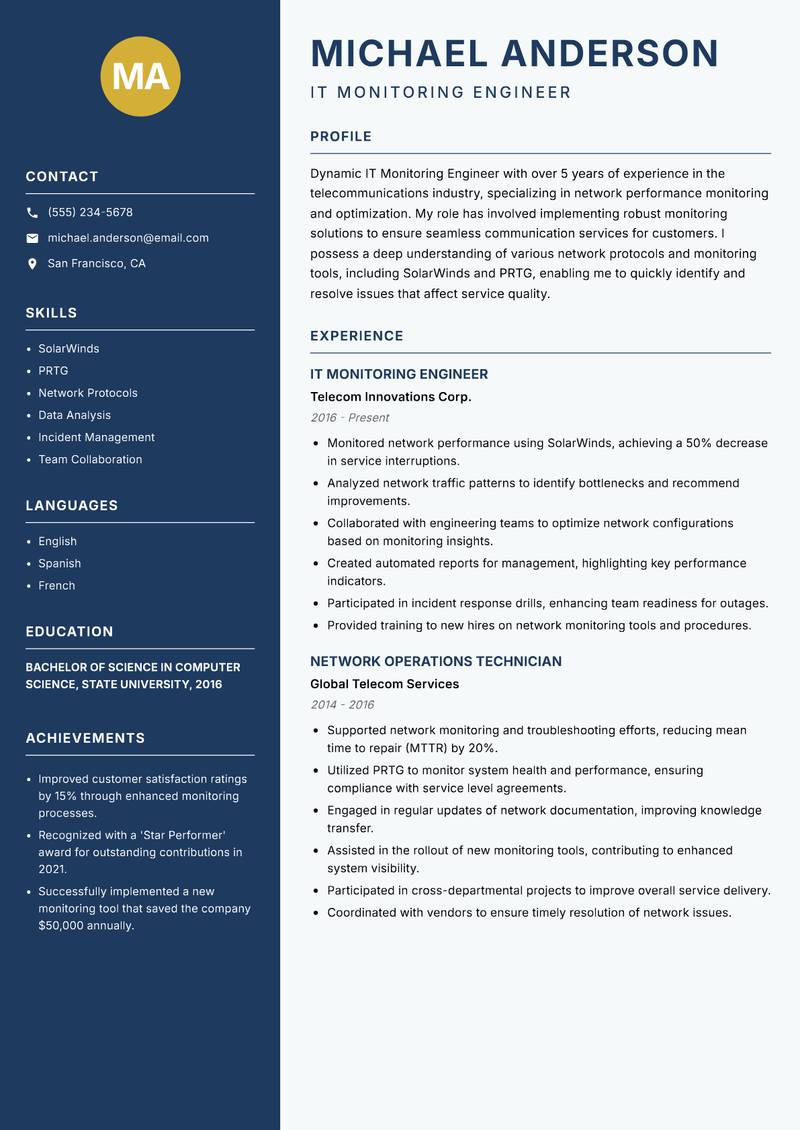 IT Monitoring Engineer resume template — Classic Clean