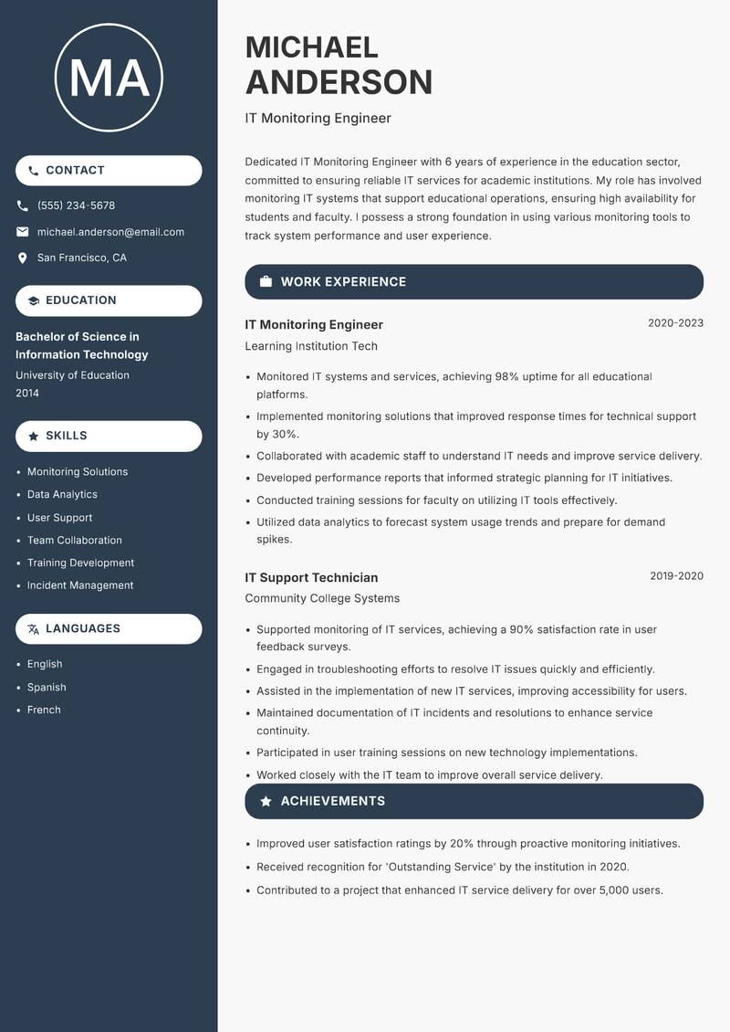 IT Monitoring Engineer resume template — Compact