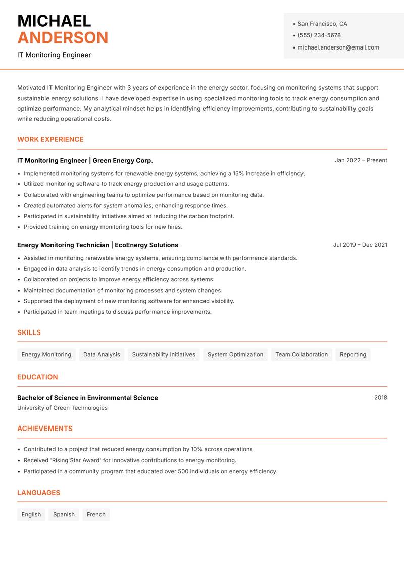 IT Monitoring Engineer resume template — Modern Professional